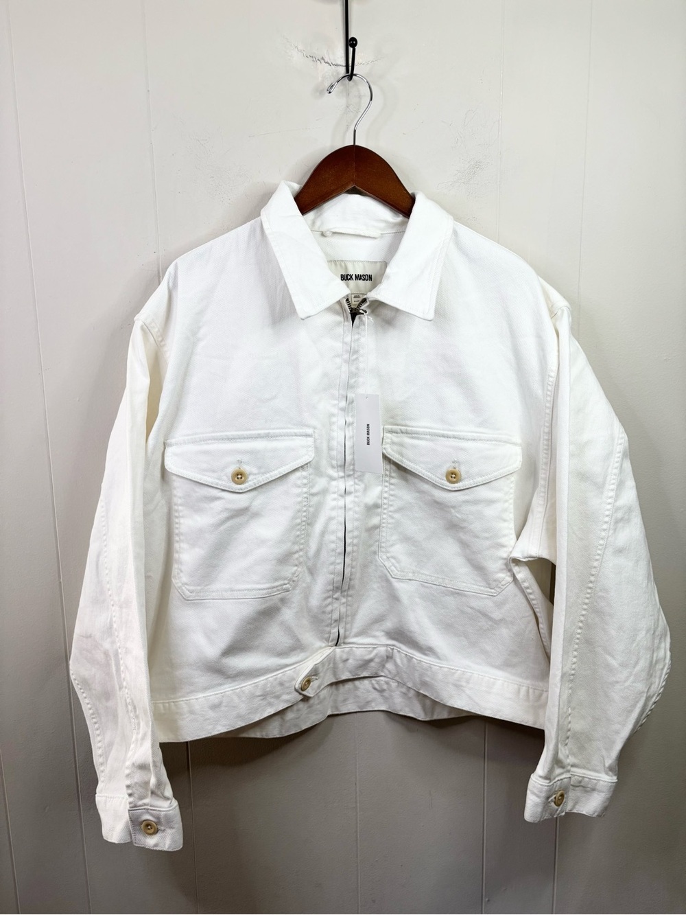 Buck Mason white rider jacket denim jean full zip pockets size XXL new